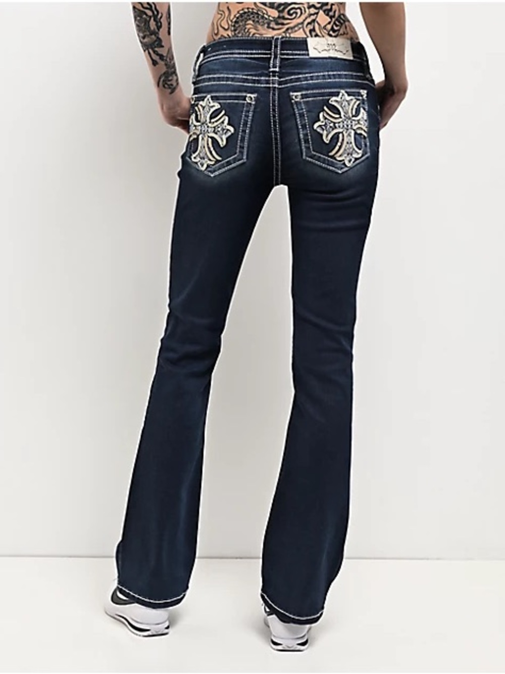 Miss Me Cross Dark Wash Bootcut Jeans with Embroidered Pockets